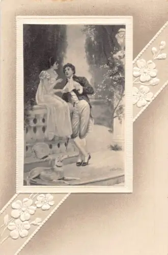 Liebesromantik Paar flirtet Windhund Hund Blumen geprägte Postkarte B918