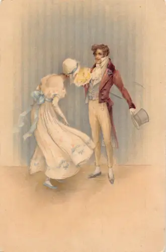 Liebesromantik glückliches Paar Mann hält Hut Blumenstrauß 1908 Postkarte B918