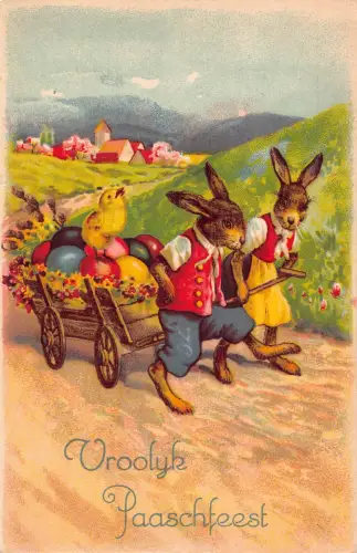 Ostergrüße vermenschlichter Hase Küken Eierwagen 1934 Postkarte B921