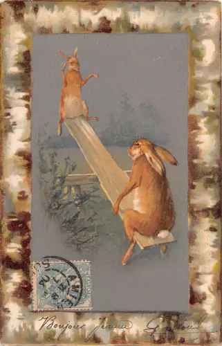 Ostergrüße vermenschlichtes Kaninchen auf Wippe Passepartout 1904 Postkarte B921