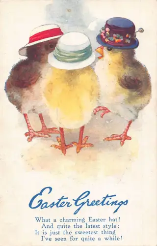 Ostergrüße vermenschlichte Küken mit Hüten anthropomorphe Postkarte B921