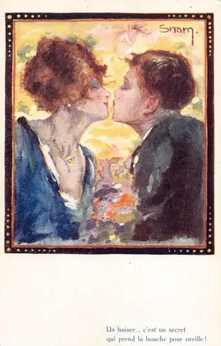 Liebe Romantik Kunst signiert Snam Paar fast küsst Blumen Postkarte B918