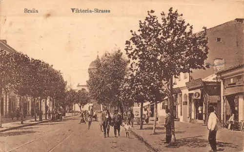 Rumänien 1929 Braila Viktoria Straße belebte Straßengeschäfte Vintage Postkarte