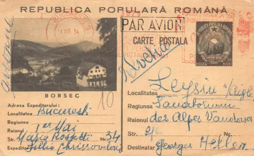 Rumänien, Bukarest 1954 Bahnhof Borsec in die Schweiz Ganzsache