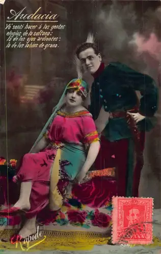Spanien Audacia Mut Paar posiert Fotomontage Sultana Kleid Postkarte