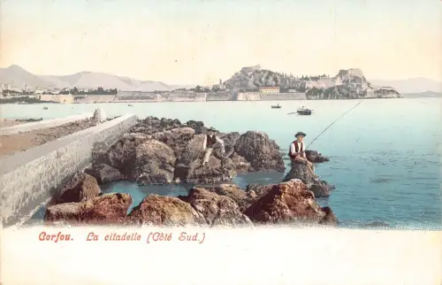 L328 Griechenland Korfu Korfu Zitadelle Fischer Felsen Vintage Postkarte