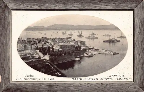 L328 Griechenland Korfu Panoramablick auf Hafen Dampfschiffe Vintage Postkarte