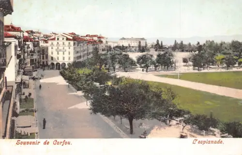 L328 Griechenland Korfu die Esplanade Bäume Vintage Postkarte
