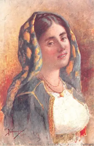 L330 Griechenland Bauernmädchen Messi Korfu National Tracht Portrait signierte Postkarte