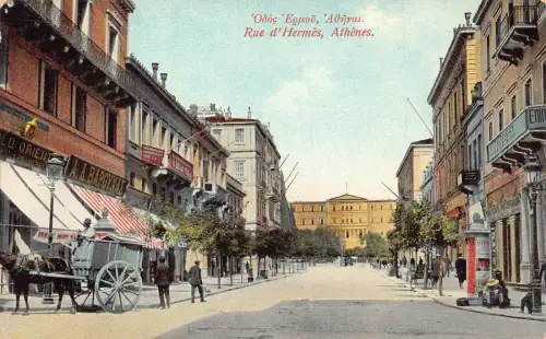 L328 Griechenland Rue d'Hermes Athen Straßenkutschengeschäfte Restaurantpostkarte