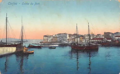 L328 Griechenland Korfu Hafen Kai Hafeneinfahrt Boote Vintage Postkarte