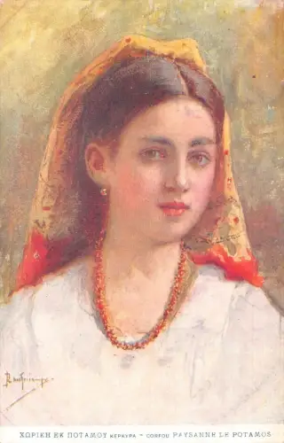 L330 Griechenland Bauernmädchen Potamos National Tracht Portrait signierte Postkarte.