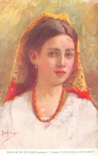 L330 Griechenland Bauernmädchen Potamos National Tracht Portrait signierte Postkarte