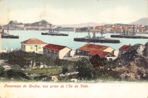 L329 Griechenland Korfu Panorama von der Insel Vido Dampfschiffe Vintage Postkarte