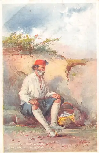 L329 Griechenland Korfu Bauer Künstler Karte signiert Vintage Postkarte