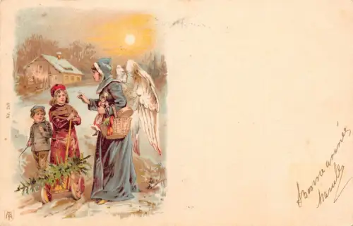 L179 Neujahrsgrüße 1901 Engel Kinder Tanne Baum Fantasie Postkarte