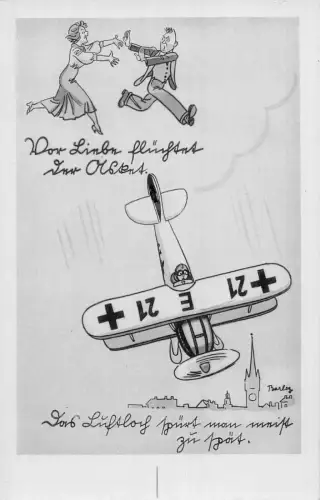 L018 Deutschland Comic Paar Flugzeug Vintage Postkarte