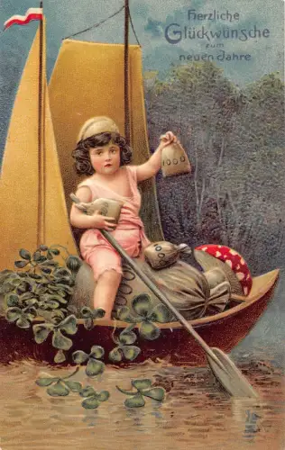 L189 Neujahrsgrüße 1910 Kleeblatt Boot Glück Geldtüten Junge Pilz Postkarte