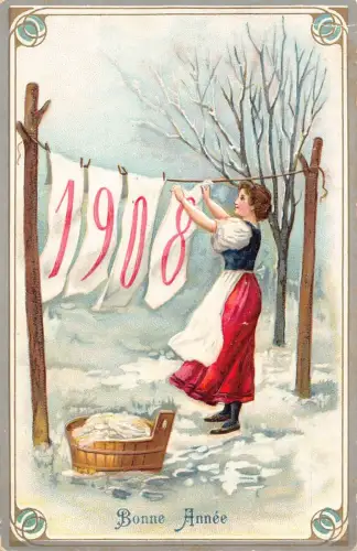 L189 Neujahrsgrüße 1907 Wäsche große Zahlen geprägte Postkarte