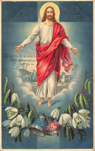 A896 Ostergrüße 1912 Jesus Christus Schneeglöckchen Glocken Vergissmeinnicht Postkarte