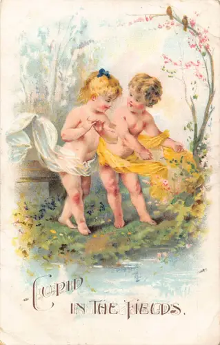 A896 Liebesroman 1910 Amor auf den Feldern Paar Natur Halbakt Postkarte