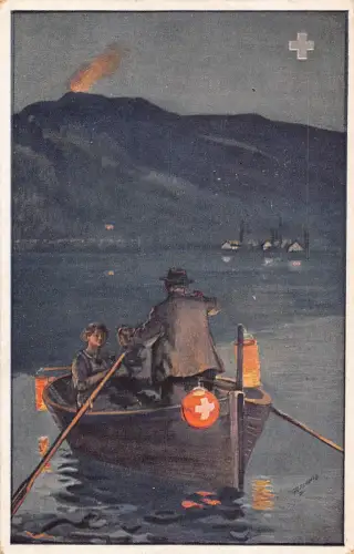 A897 Schweiz Nationalfest Bootsmann Rudern bei Nacht Wappen Postkarte