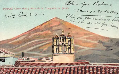 L335 Bolivien Potosi Cerro rico y torre de la Compania de Jesus Vintage Postkarte