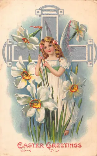 A897 Ostergrüße 1909 Engel Mädchen Narzissen Kreuz geprägte Postkarte