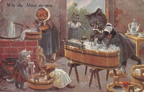 L337 Humanisierte Katzen waschen anthropomorph 1927 A Thiele Comic Postkarte