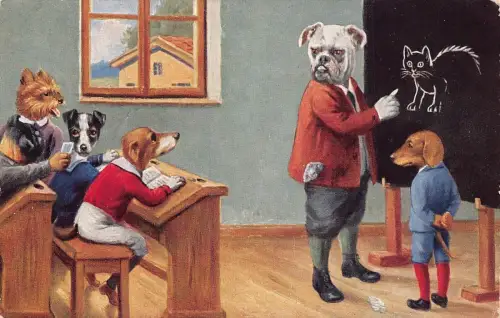 L338 Humanisierte Hunde Klassenzimmer anthropomorphe Comic-Postkarte 1929