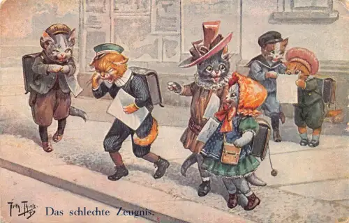 L337 Humanisierte Katzen schlechte Noten scho anthropomorph 1927 A Thiele Comic Postkarte