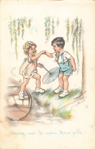 A897 Liebesroman 1939 Kinder als Paar Boot Kunst Regenschirm Postkarte