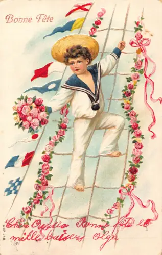 A897 Grüße Matrosenjunge klettert Netz Rosen Blumenstrauß Fahnen geprägt Postkarte
