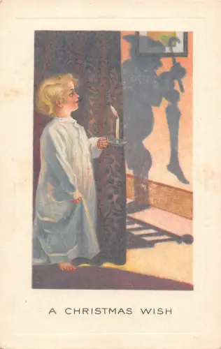 A897 Weihnachtsgrüße Mädchen im Nachthemd Kerze Schatten des Weihnachtsmanns Postkarte