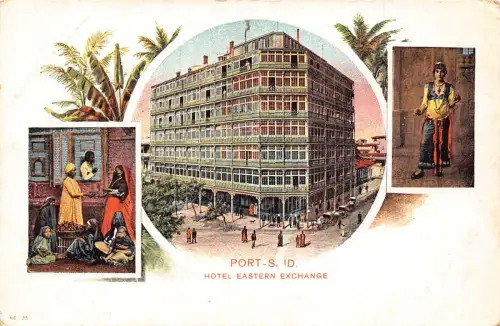 A897 Ägypten Port Said Hotel Eastern Exchange Einheimische Frau Kinder Litho Postkarte