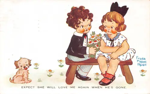 A897 Comic Humor 1929 Paar Blume weint sie wird mich wieder lieben Postkarte