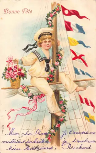 A897 Grüße Barfuß Matrose Junge Rosen Korbfahnen Prägepostkarte