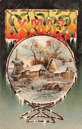 A898 Weihnachten Eiszapfen Mondlicht Windmühle Mistel Hütten Halt-to-Light Postkarte