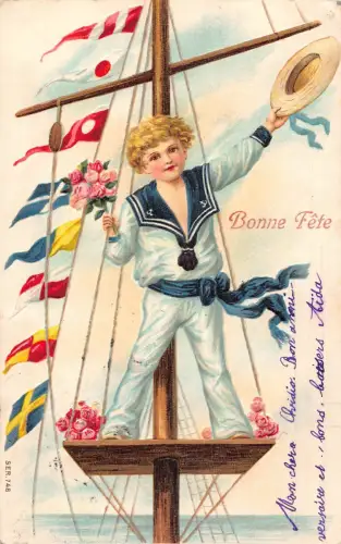 A897 Grüße Matrosenjunge Wellen Hut Rosen Blumenstrauß Fahnen Prägung Postkarte