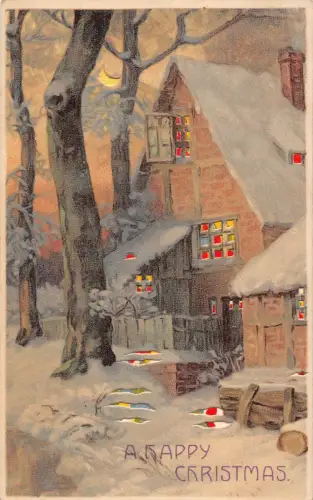 A898 Weihnachtsgrüße Mondschein Waldhütte Schnee Lichtfest Postkarte