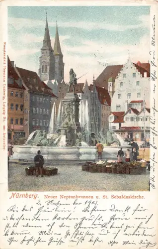 L340 Deutschland 1903 Nürnberg Neptunbrunnen St. Selbaldus Kirche Litho Postkarte