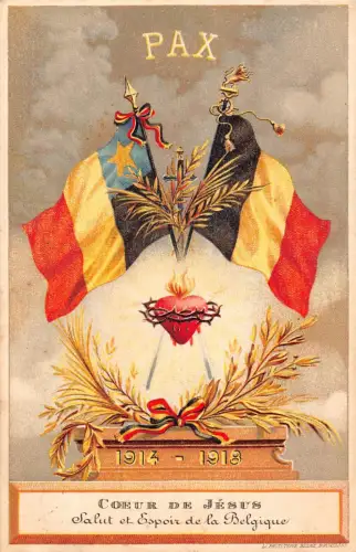 A902 Ende des Ersten Weltkriegs Salut et Espoir de la Belgique Pax Flaggen Herz Jesu Postkarte