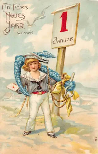 L189 Neujahrsgrüße 1906 Junge Matrosenbrief geprägt Vintage Postkarte
