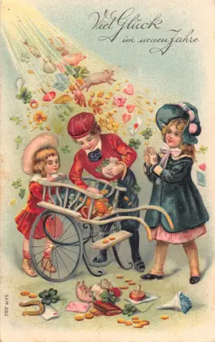 L191 Neujahr 1908 Kinder Fisch Pilz Schwein Geld Hufeisen Glück Postkarte