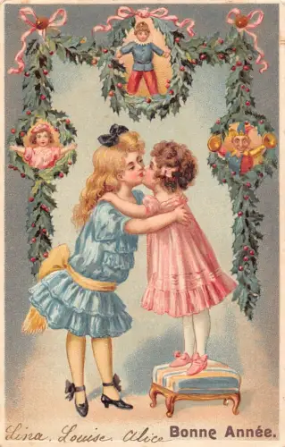 L191 Neujahrsgrüße 1908 Mädchen Kissing Puppen Clown Blumen geprägte Postkarte