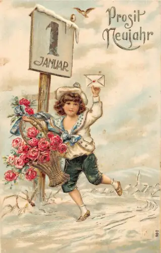 L189 Neujahrsgrüße 1905 Junge Brief Rosen Korb Prägung Postkarte