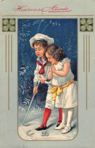 L191 Neujahrsgrüße Kinder Hufeisen Kleeblatt Glück geprägte Postkarte