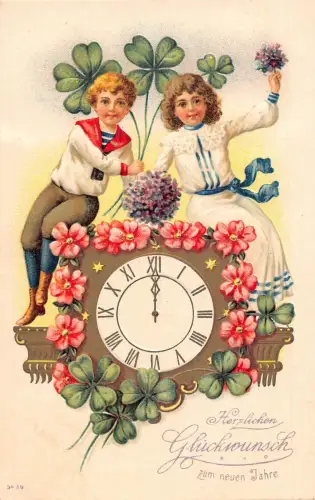 L189 Neujahrsgrüße 1907 Kinder Uhr Blumen Glück Kleeblatt Postkarte