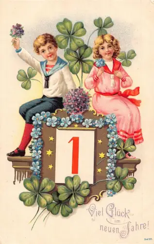 L189 Neujahrsgrüße Kinder Blumen Glück Kleeblatt Prägepostkarte