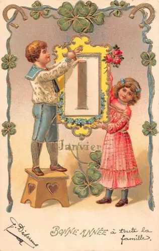 L189 Neujahrsgrüße 1905 Kinder Kleeblatt Glück Jugendstil Postkarte